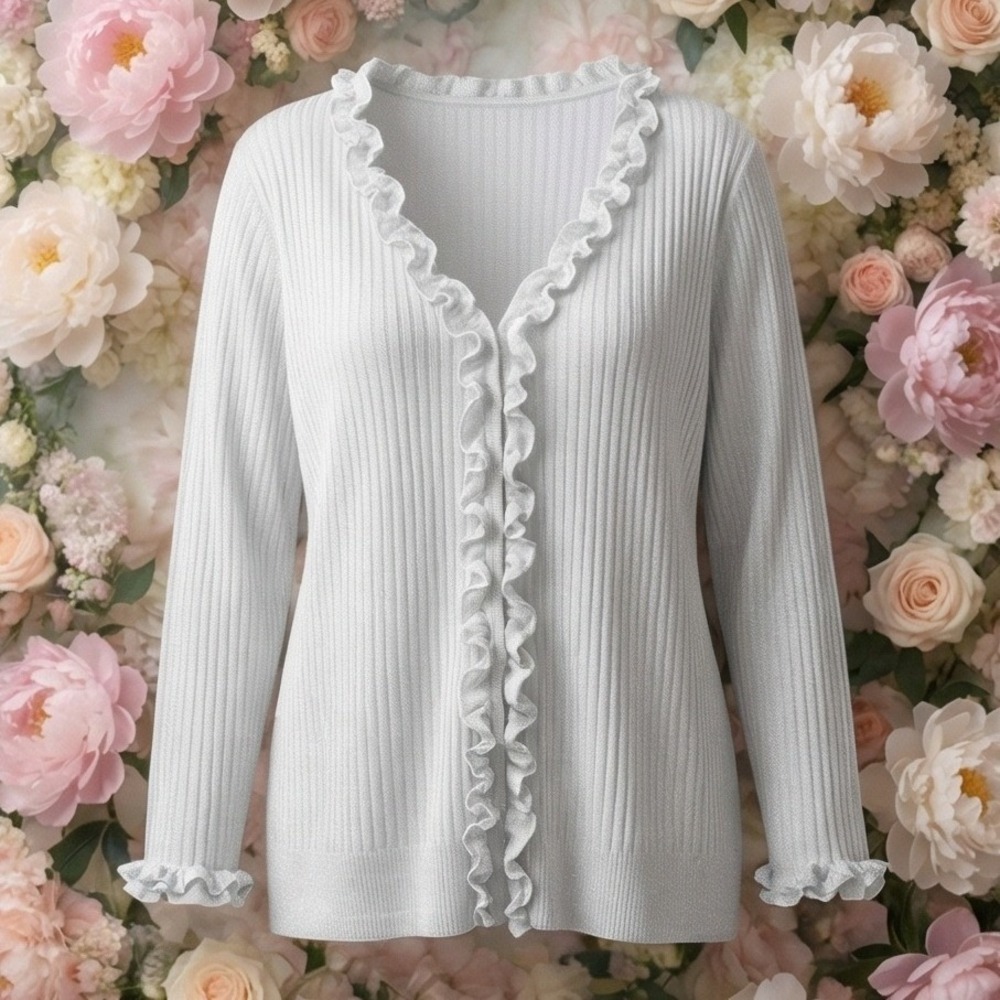 Avenue 26/28 Silver Metallic Ruffle Trim Ribbed Knit Sweater Plus 3X/4X‎ Flirty
